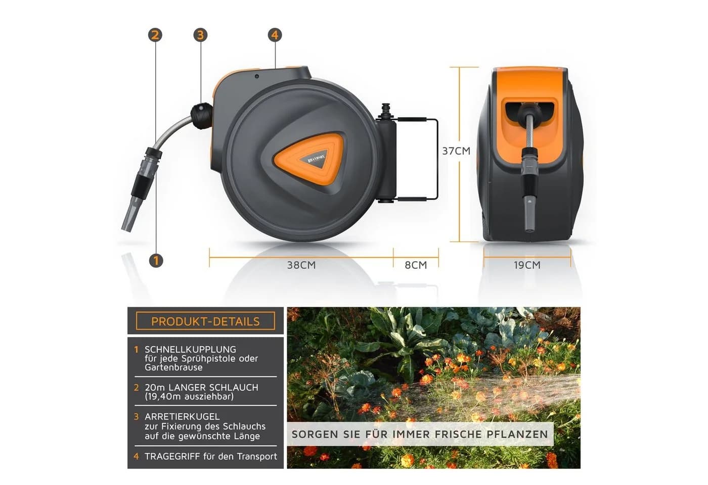 Brandson Wandschlauchbox 20m Grau/Orange Automatisch Einziehbar - Bild 5