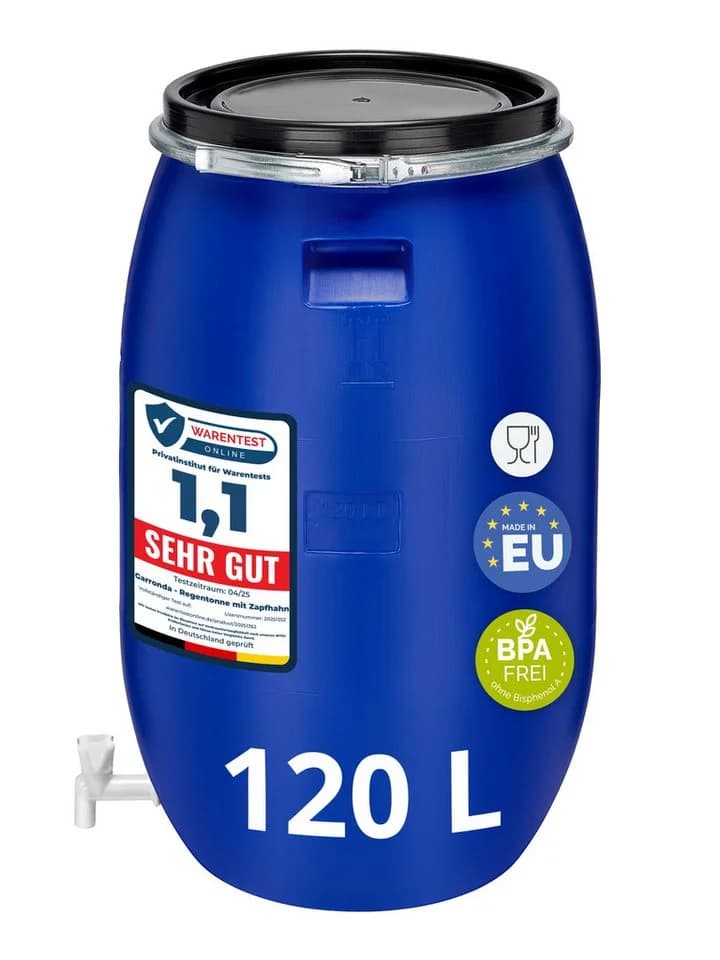 Garronda Regentonne 120L Weithalsfass HDPE Blau mit Deckel und Hahn