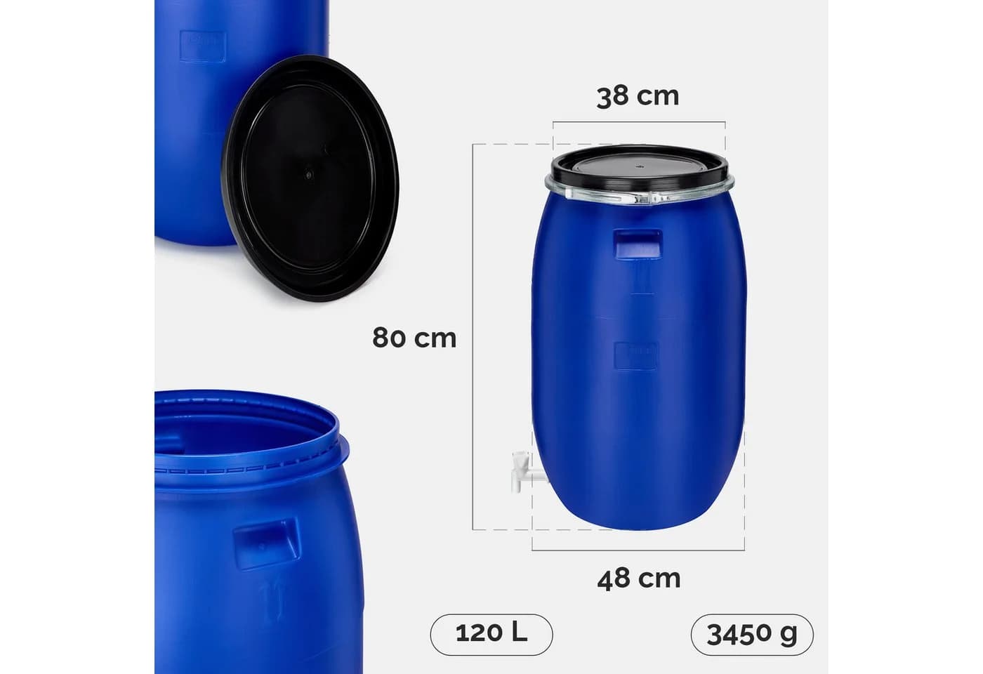 Garronda Regentonne 120L Weithalsfass HDPE Blau mit Deckel und Hahn - Bild 3