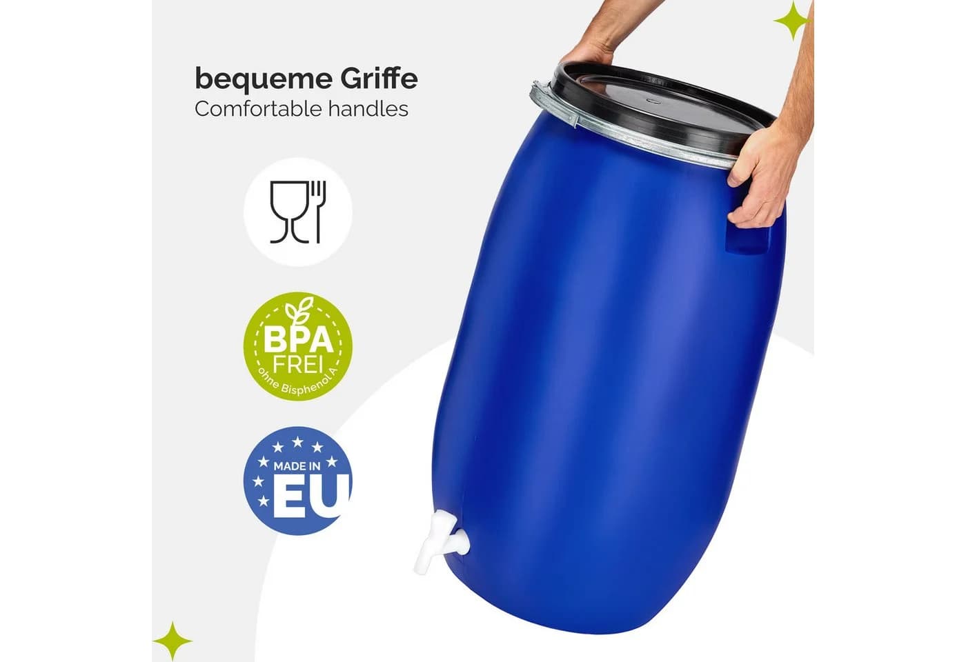 Garronda Regentonne 120L Weithalsfass HDPE Blau mit Deckel und Hahn - Bild 5