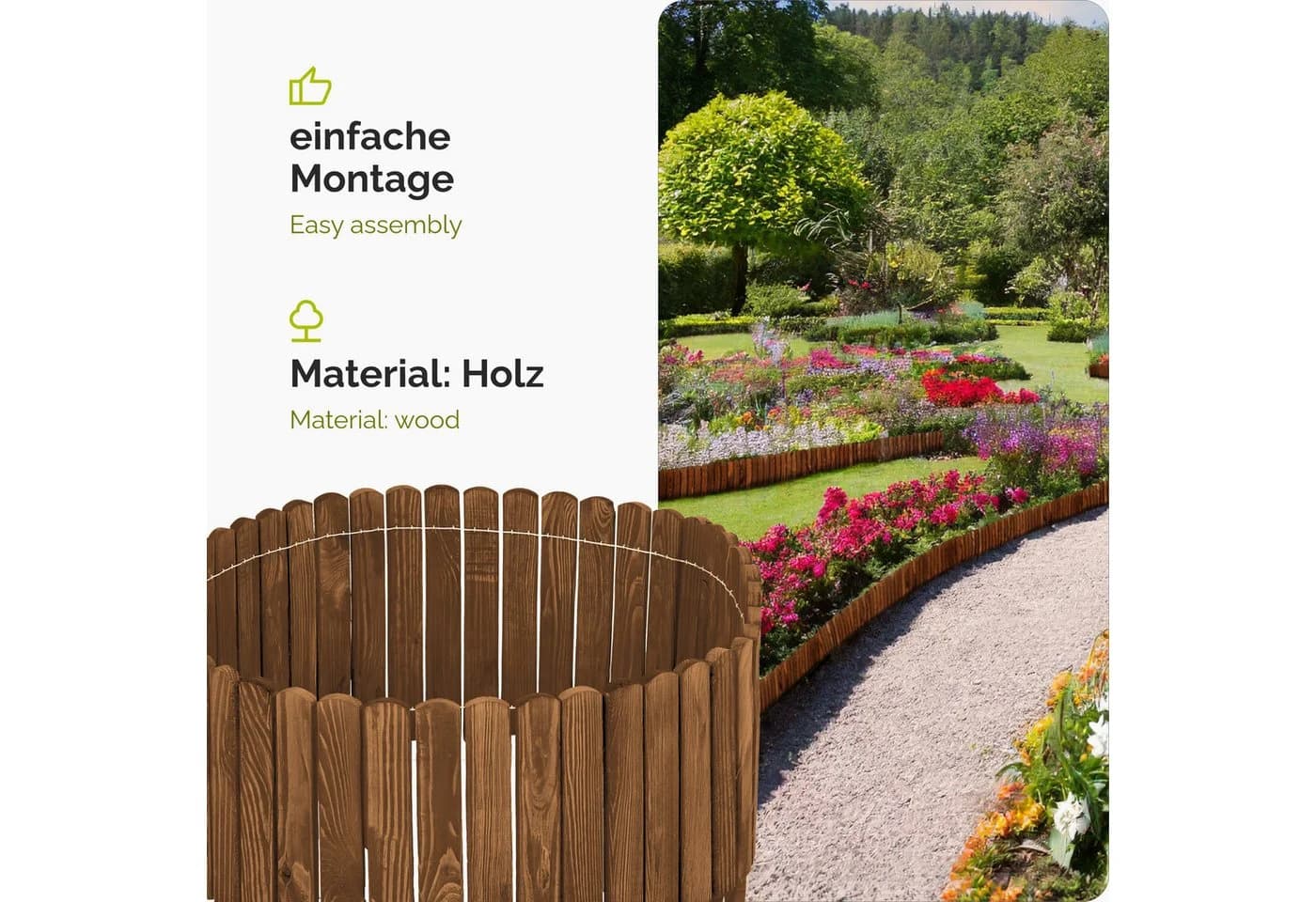 Garronda Rasenkante Holz Beeteimfassung Flexibler Rollborder Dunkelbraun - Bild 3