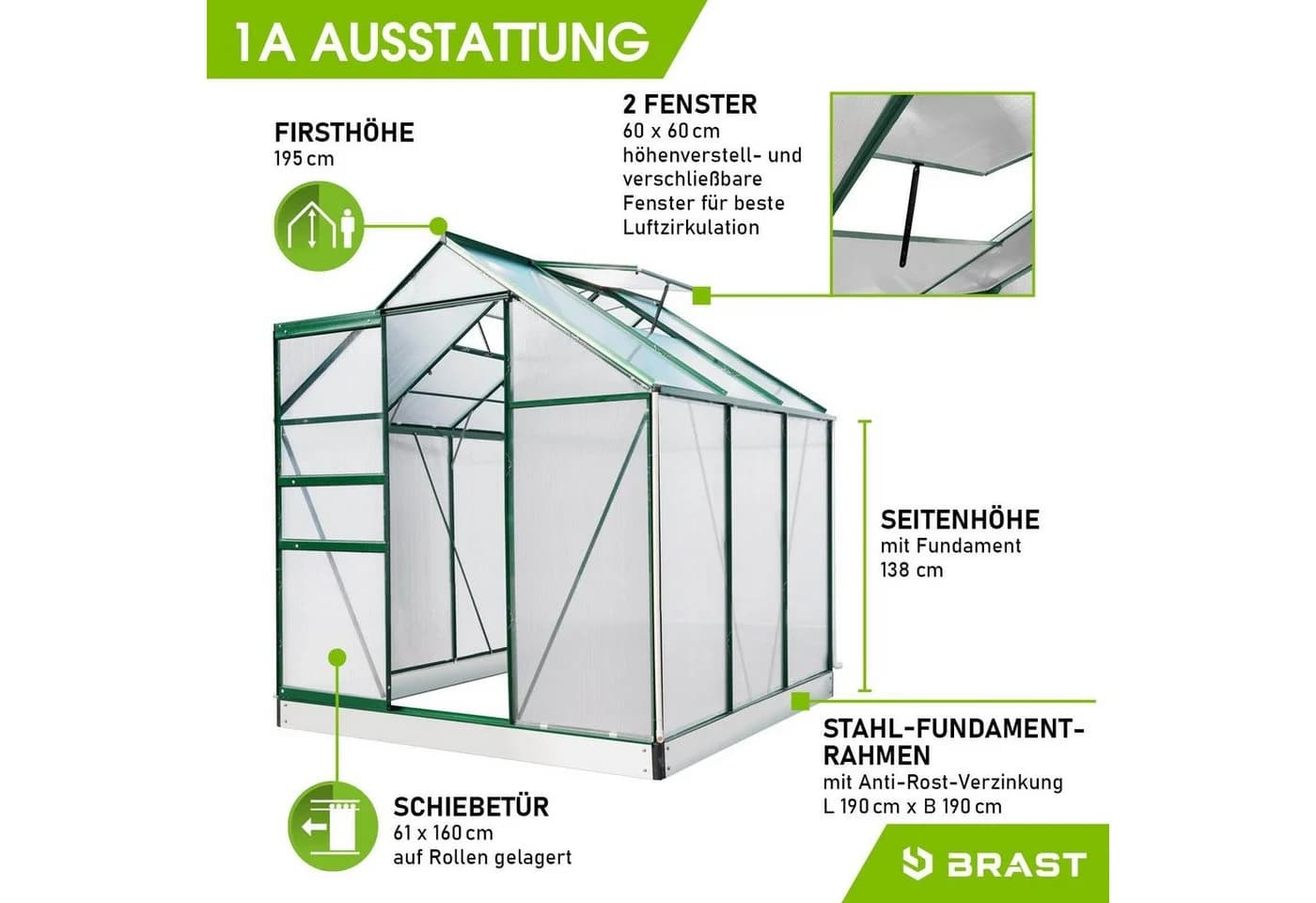 BRAST Gewächshaus Aluminium 190x190x195cm TÜV-geprüft - Bild 5