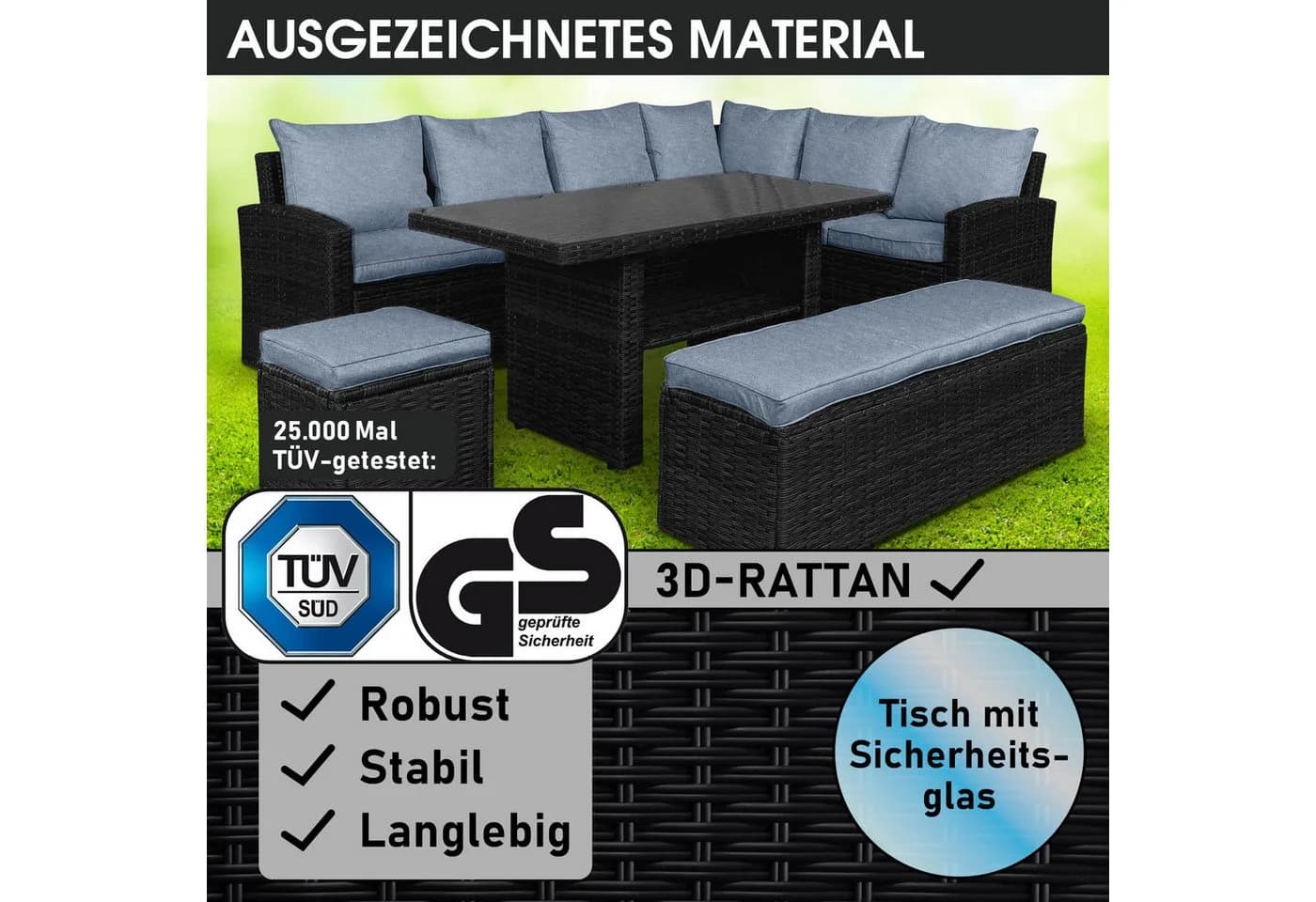 BRAST Garten-Essgruppe ECO 9-tlg. Schwarz/Blau Polyrattan mit Kissen