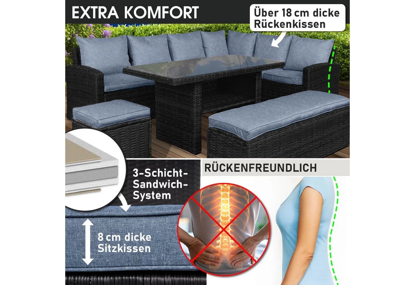 BRAST Garten-Essgruppe ECO 9-tlg. Schwarz/Blau Polyrattan mit Kissen - Bild 4