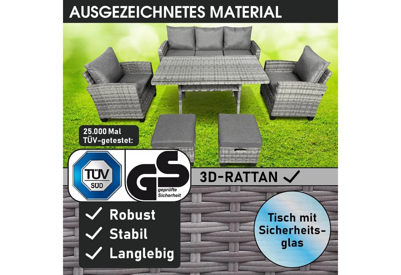 BRAST Gartenlounge-Set Delight Grau 7-tlg. Polyrattan mit Kissen - Bild 3