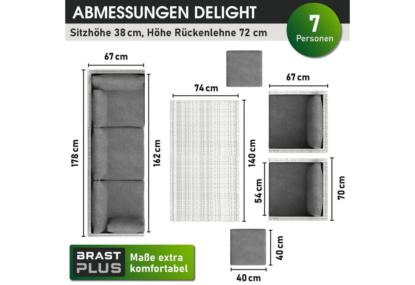 BRAST Gartenlounge-Set Delight Grau 7-tlg. Polyrattan mit Kissen - Bild 4