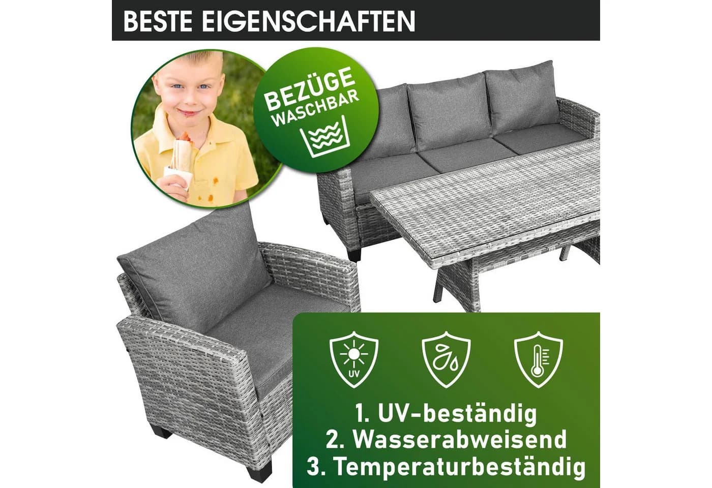 BRAST Gartenlounge-Set Delight Grau 7-tlg. Polyrattan mit Kissen - Bild 5