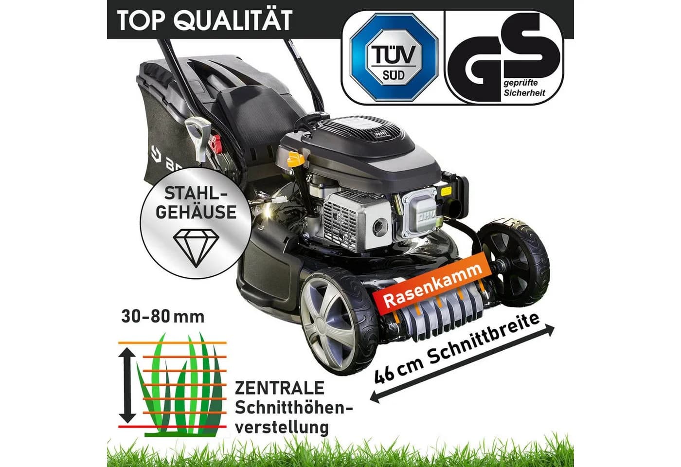BRAST Benzinrasenmäher 46cm Stahlgehäuse Elektrostart 4-Takt OHV Motor - Bild 4