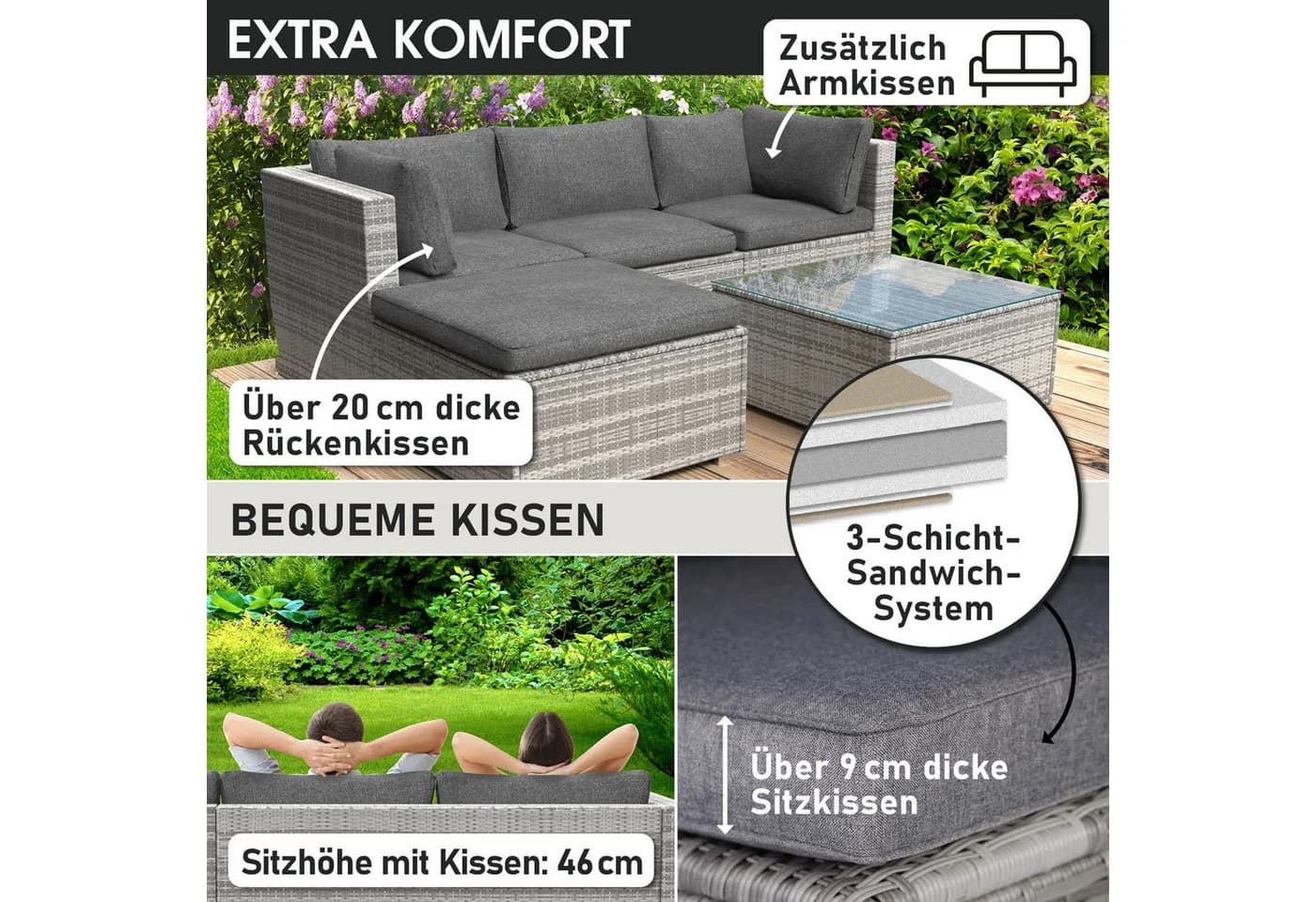 BRAST Gartenlounge-Set Royal Grau 4-tlg. mit Polyrattan & Aluminium - Bild 4