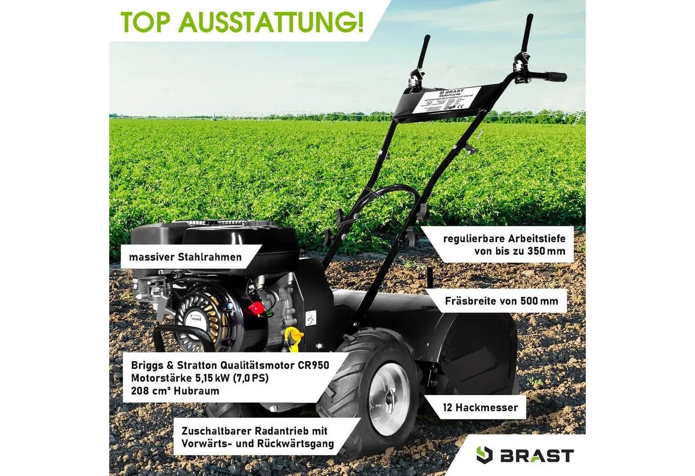 BRAST Benzinmotorhacke 7500 B&S Gartenfräse 5,15 kW (7 PS) 50 cm Arbeitsbreite - Bild 3