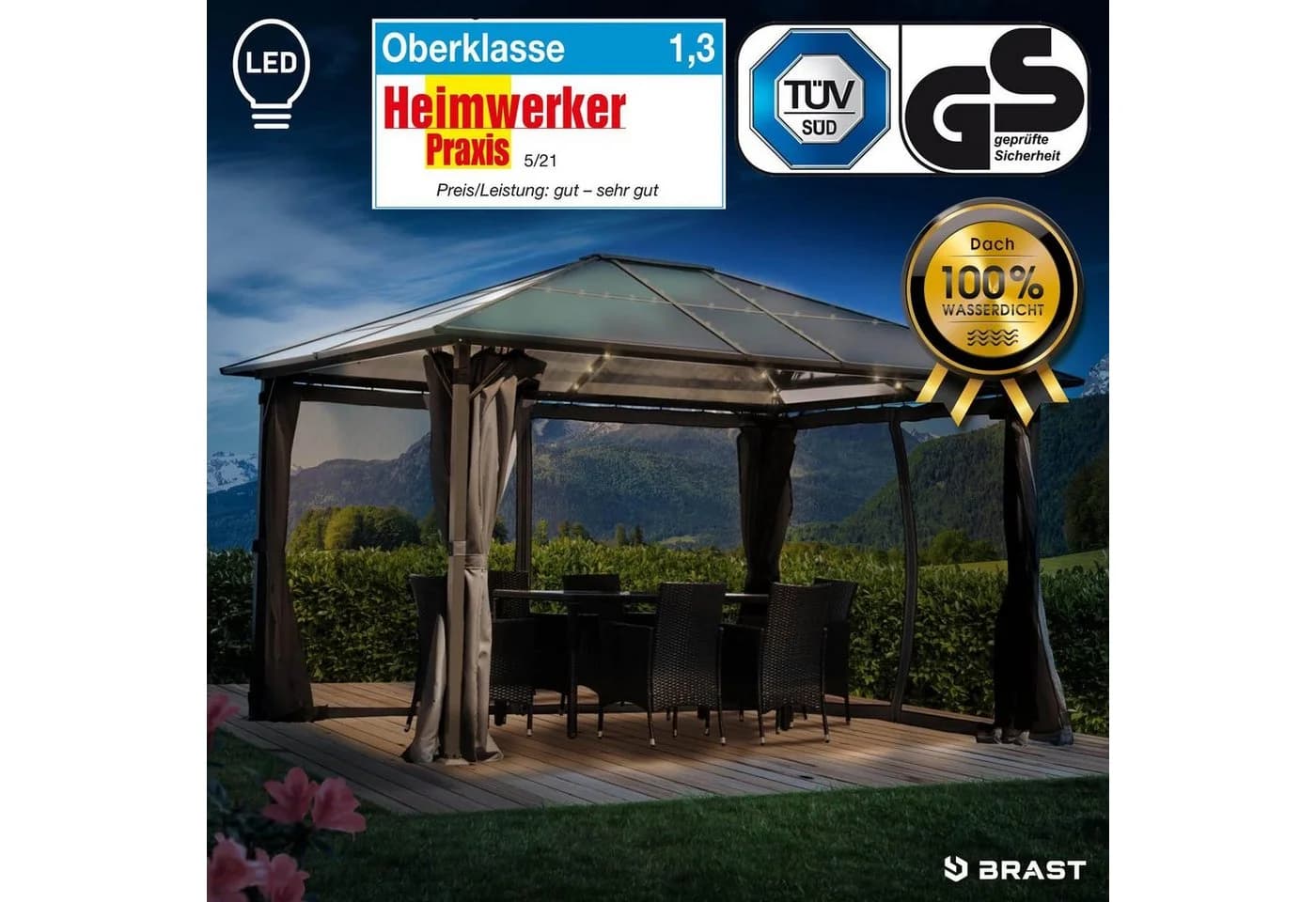 BRAST Premium Aluminium Gartenpavillon Grau mit Moskitonetz und LED