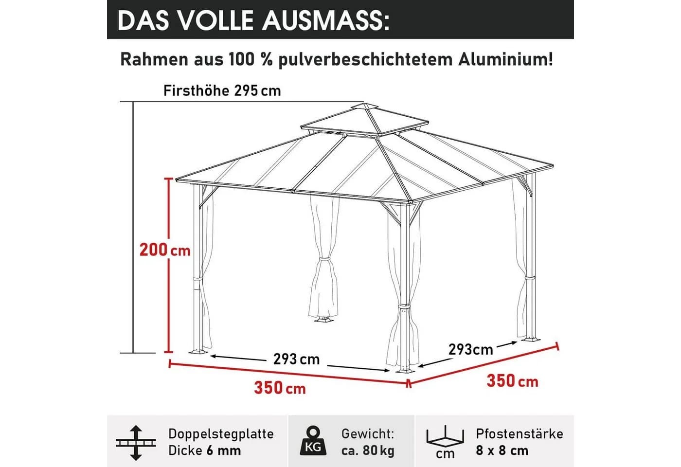 BRAST Aluminium Pavillon Pagode mit festem Dach und LED-Option