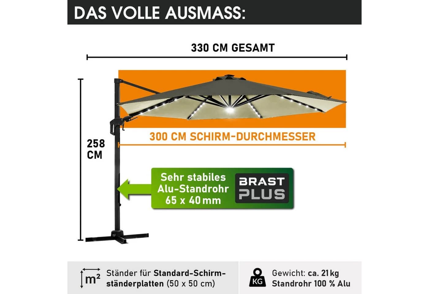 BRAST Ampelschirm Alu Ø300cm Beige mit LED & Schutzhülle