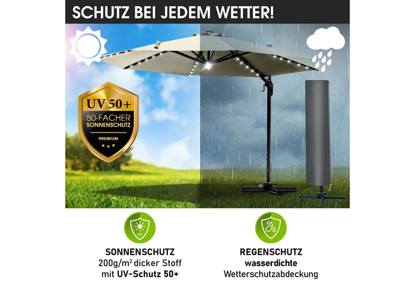 BRAST Ampelschirm Alu Ø300cm Beige mit LED & Schutzhülle - Bild 4