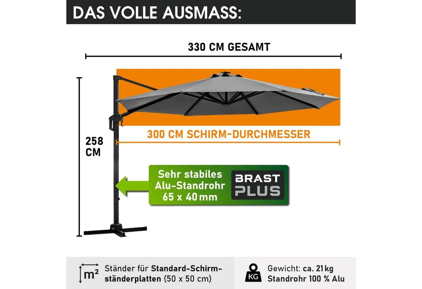 BRAST Alu Ampelschirm 300cm Grau mit LED & Schutzhülle