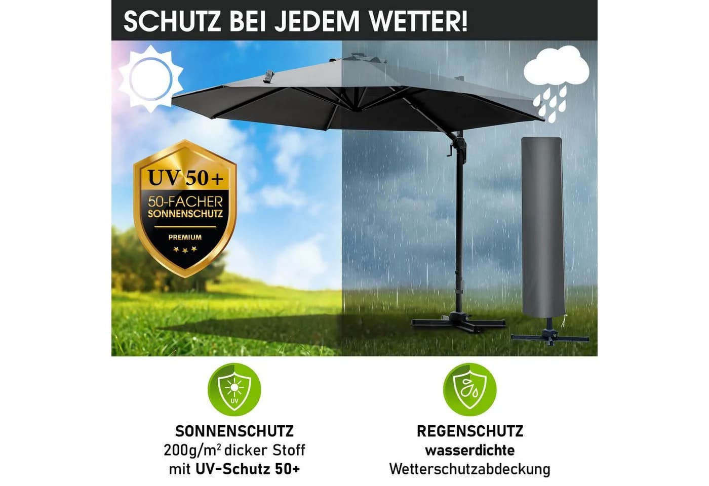 BRAST Alu Ampelschirm 300cm Grau mit LED & Schutzhülle - Bild 4