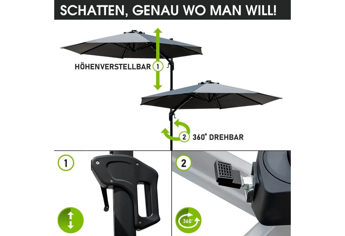 BRAST Alu Ampelschirm 300cm Grau mit LED & Schutzhülle - Bild 5