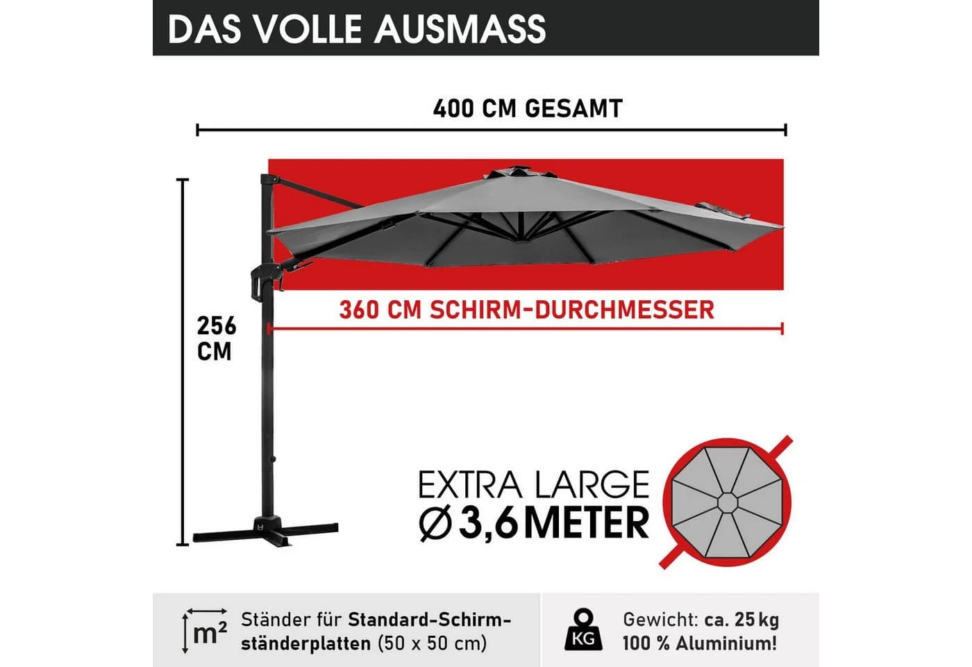 BRAST Sonnenschirm Alu Ampelschirm Ø360cm inkl. Schützhülle, wahlweise mit LEDs, drehbar, schwenkbar & höhenverstellbar