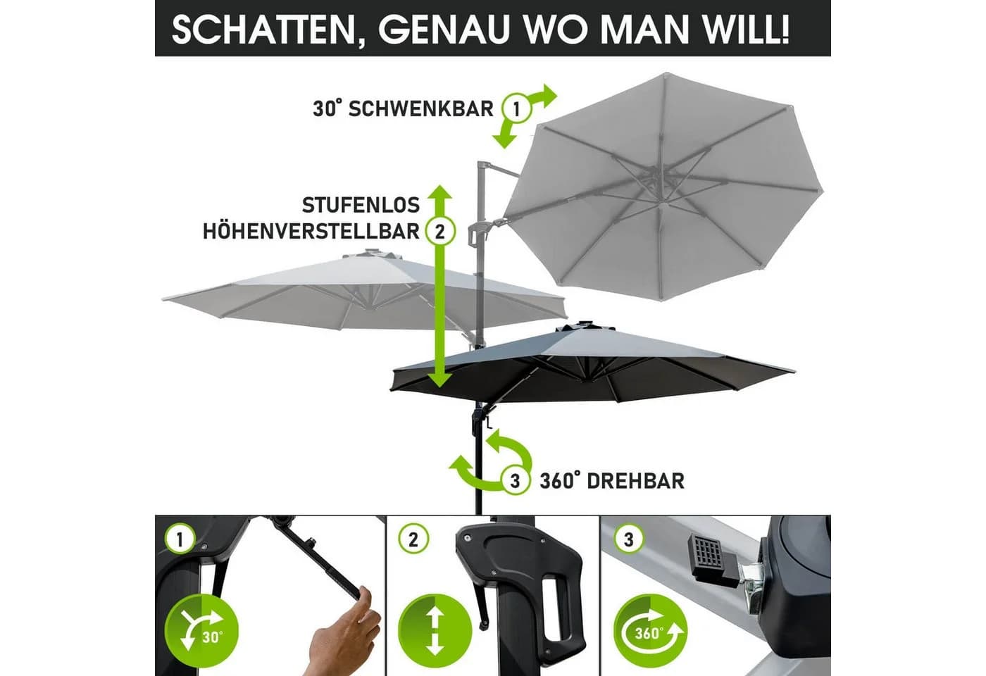 BRAST Sonnenschirm Alu Ampelschirm Ø360cm inkl. Schützhülle, wahlweise mit LEDs, drehbar, schwenkbar & höhenverstellbar - Bild 5