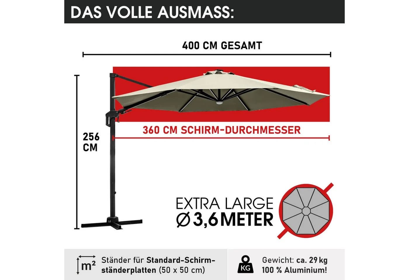 BRAST Ampelschirm 360cm Beige mit LED & Solar