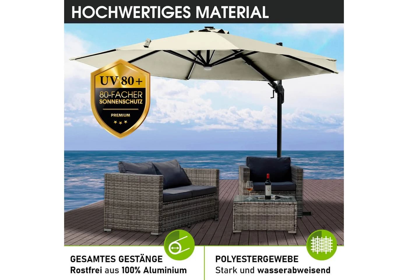 BRAST Ampelschirm 360cm Beige mit LED & Solar - Bild 3