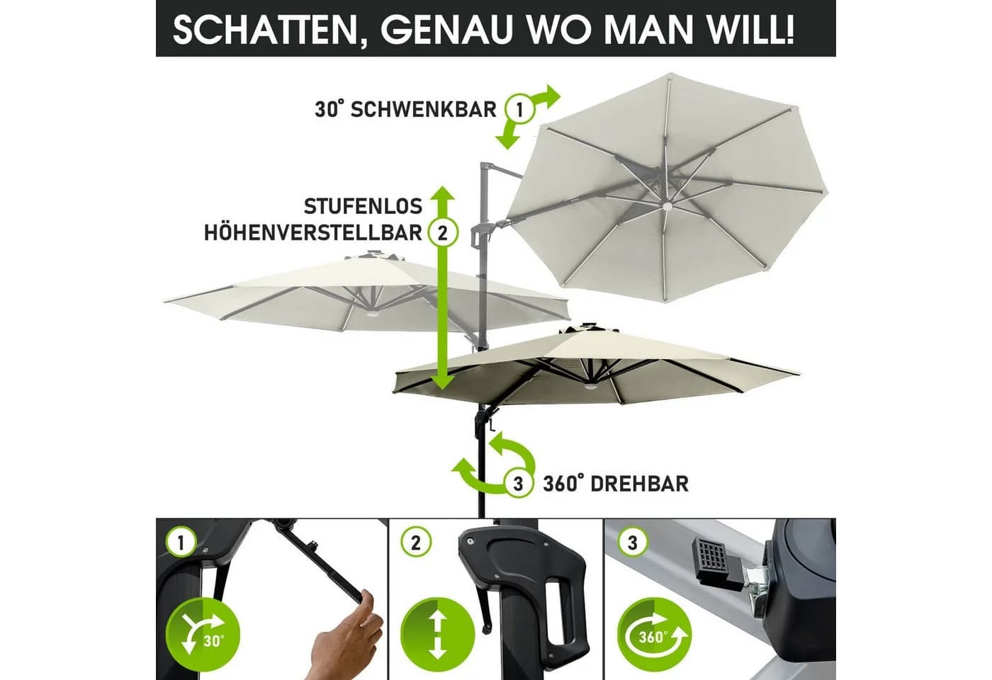 BRAST Ampelschirm 360cm Beige mit LED & Solar - Bild 5