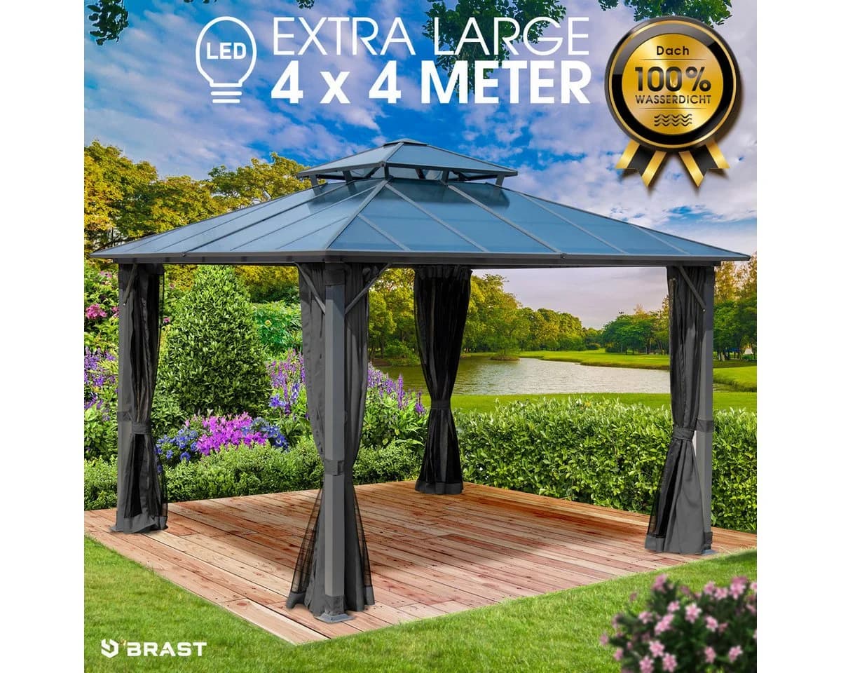 BRAST Pavillon Pagode 4x4m Aluminium mit LED & Moskitonetz