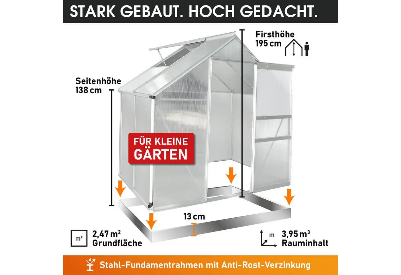 BRAST Gewächshaus Aluminium mit Fundament rostfrei 130x190x195cm - Bild 4