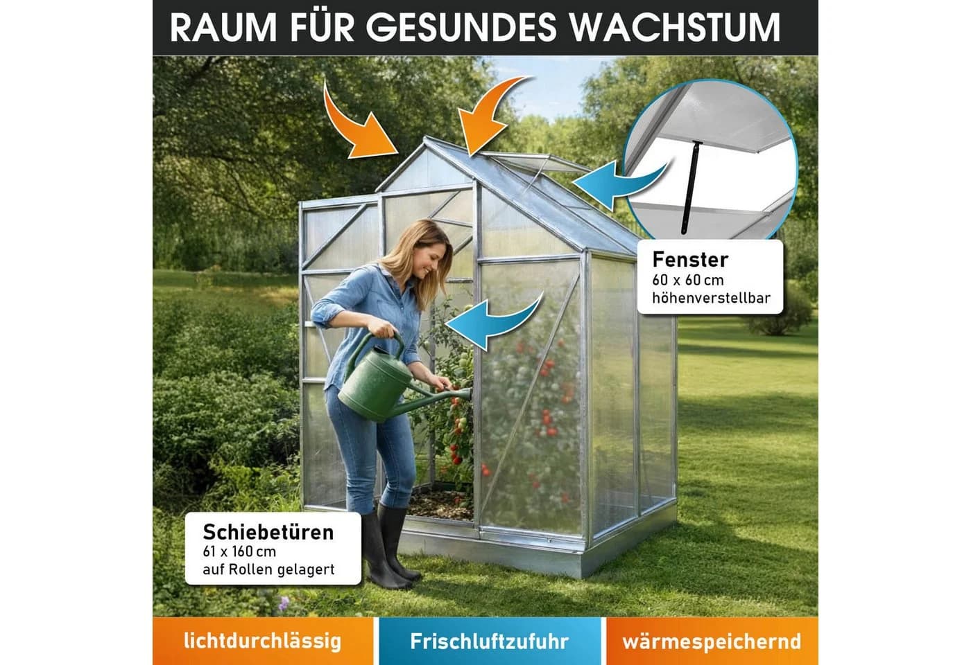 BRAST Gewächshaus Aluminium mit Fundament rostfrei 130x190x195cm - Bild 5