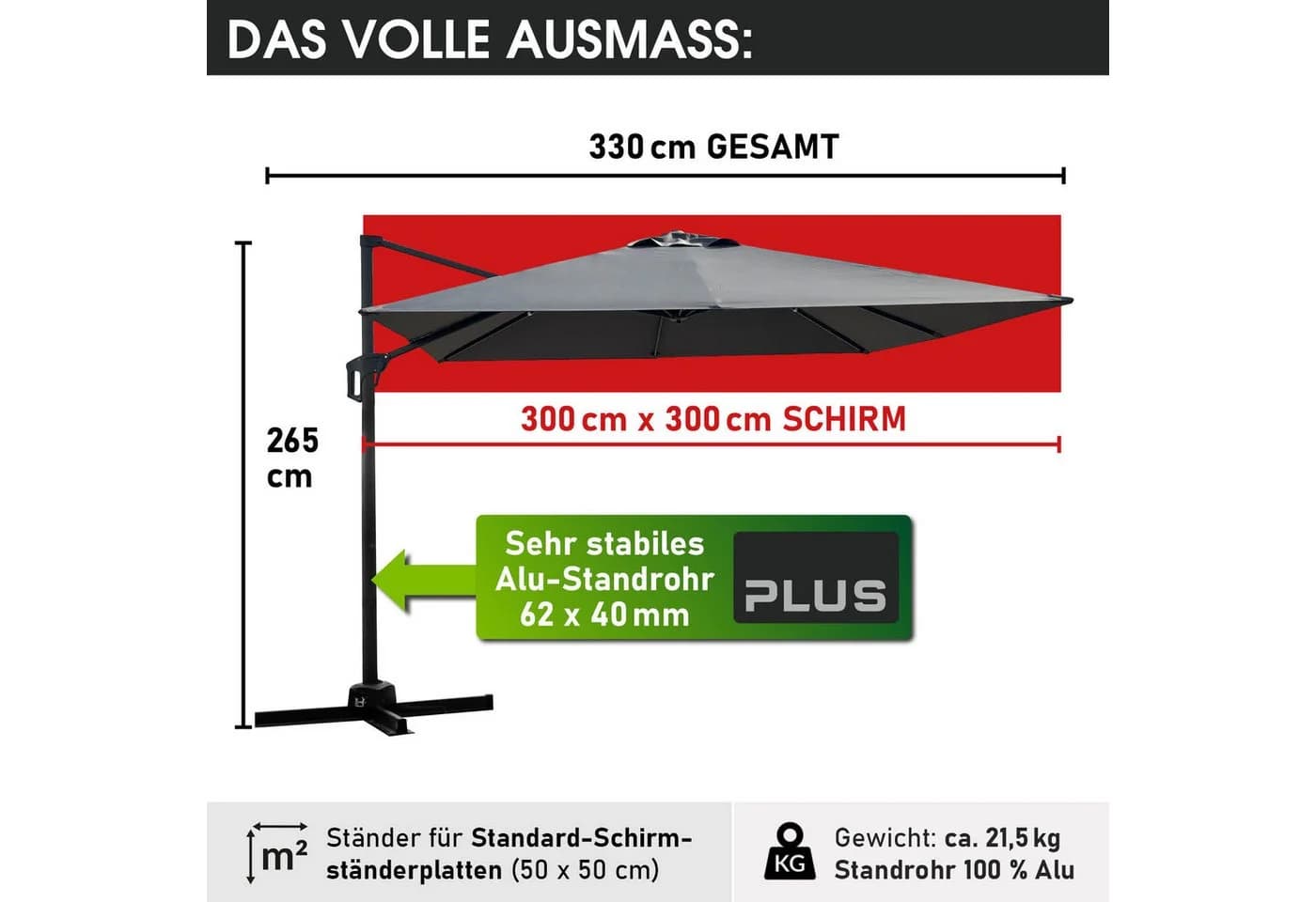 BRAST Ampelschirm Alu UV-Schutz 50+ 360° Drehbar
