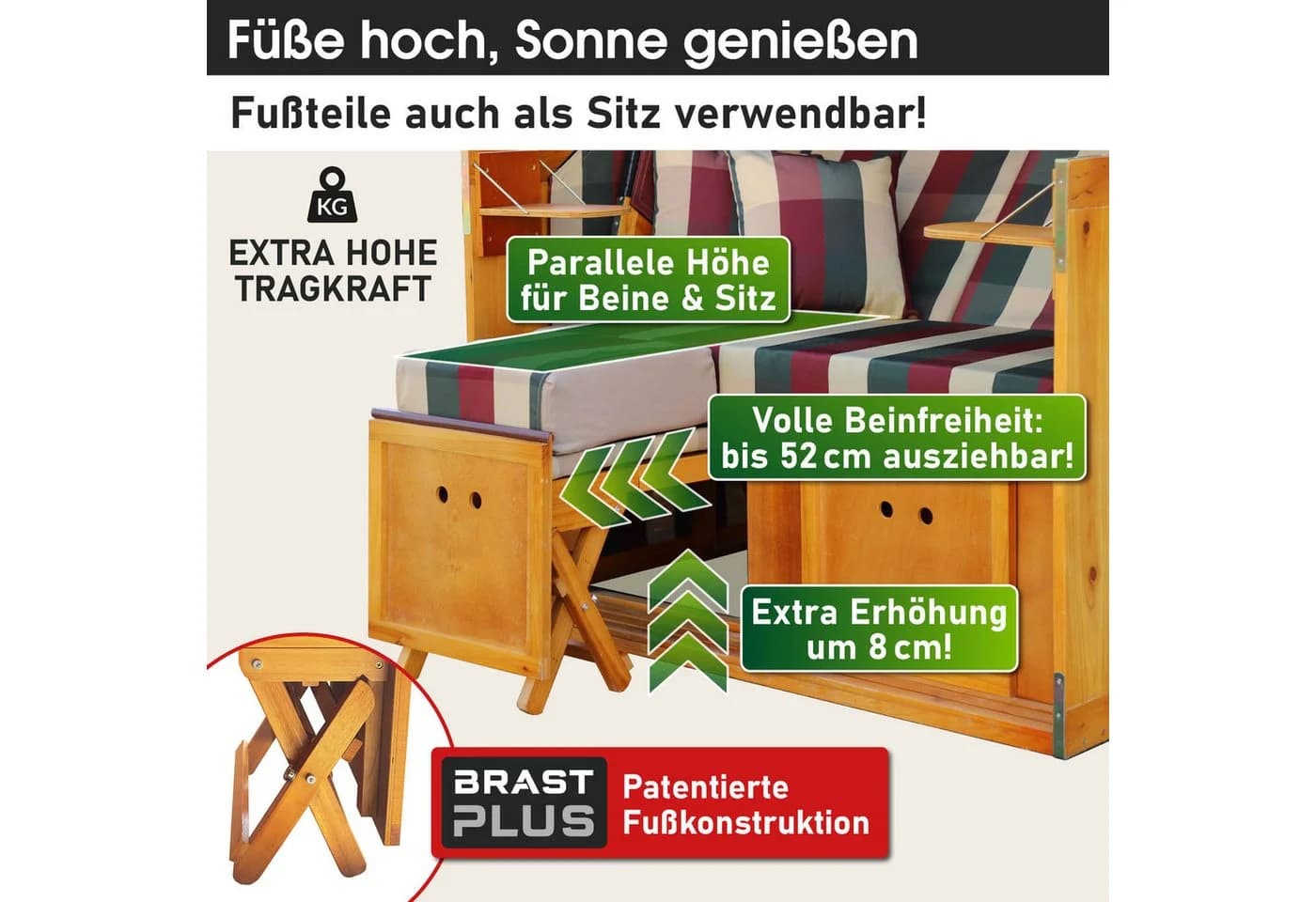 BRAST Strandkorb für 2 Personen, 120 cm breit, 5 Designs, Volllieger, Rügen Deluxe - Bild 3