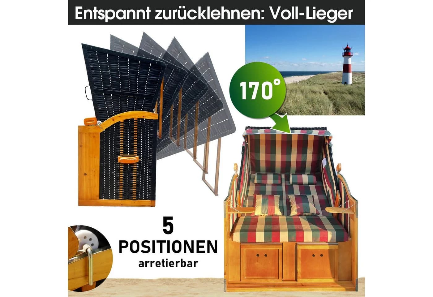 BRAST Strandkorb für 2 Personen, 120 cm breit, 5 Designs, Volllieger, Rügen Deluxe - Bild 4