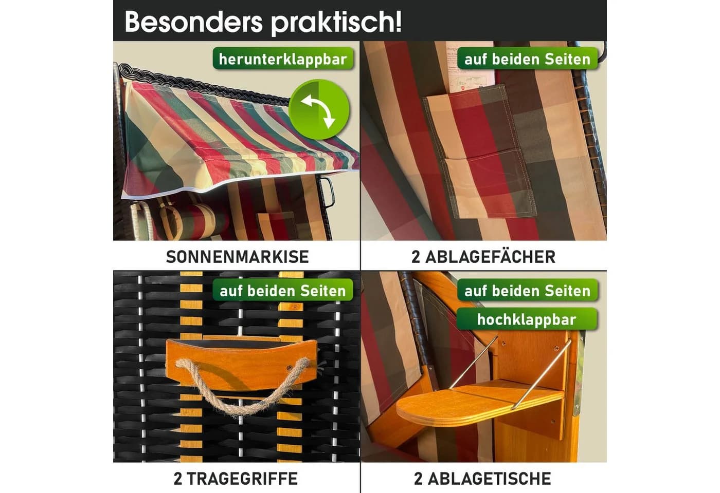 BRAST Strandkorb für 2 Personen, 120 cm breit, 5 Designs, Volllieger, Rügen Deluxe - Bild 5