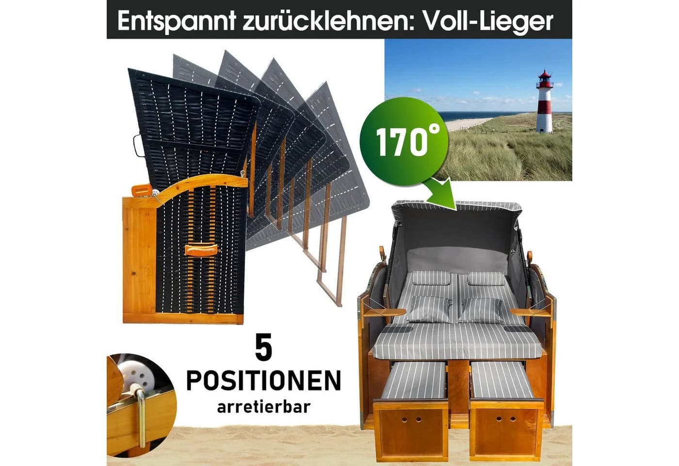 BRAST Strandkorb Rügen Deluxe Volllieger 2-Sitzer Grau Polyrattan - Bild 4