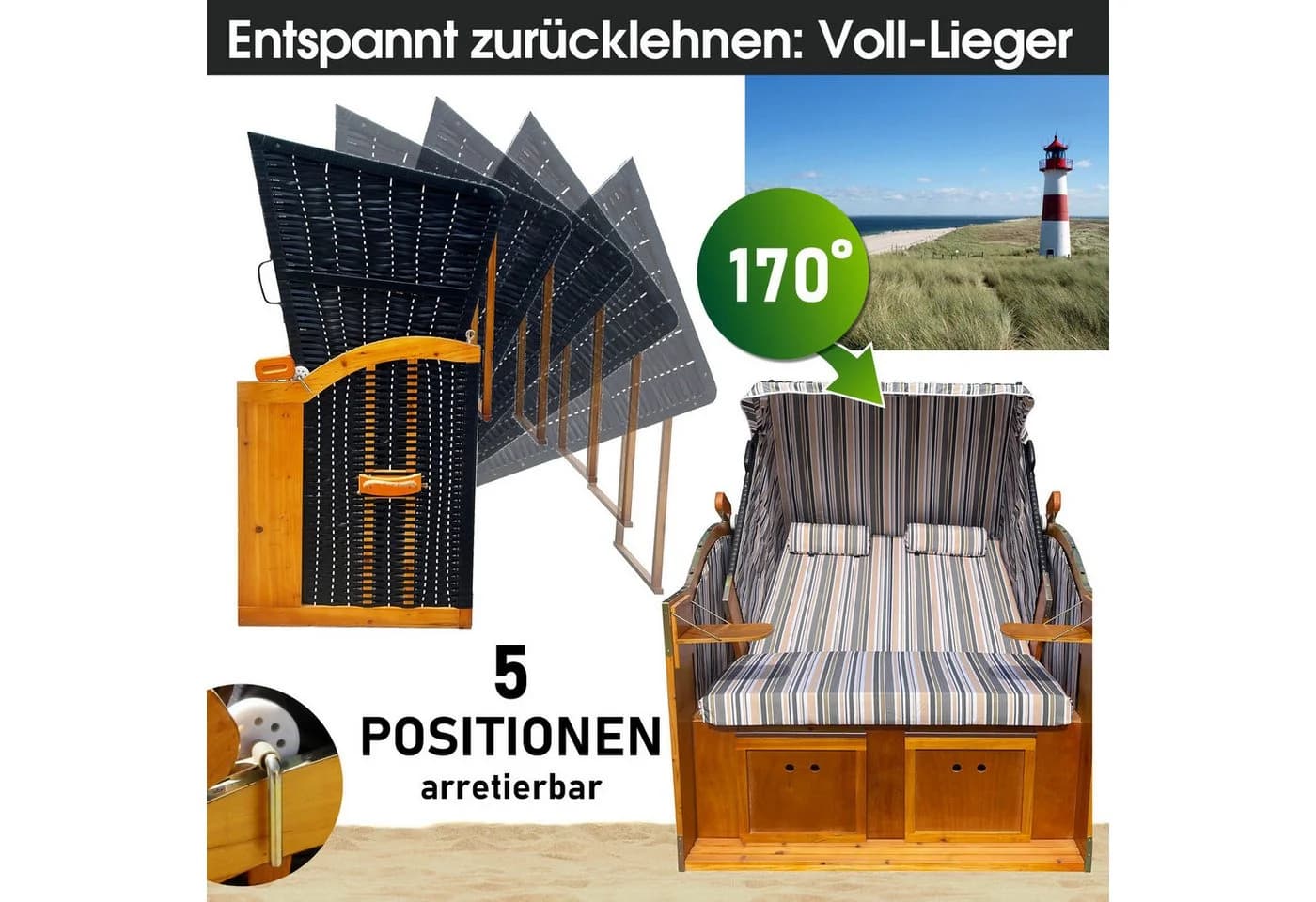 BRAST Strandkorb Rügen Deluxe 2-Sitzer mit verstellbarer Lehne - Bild 4