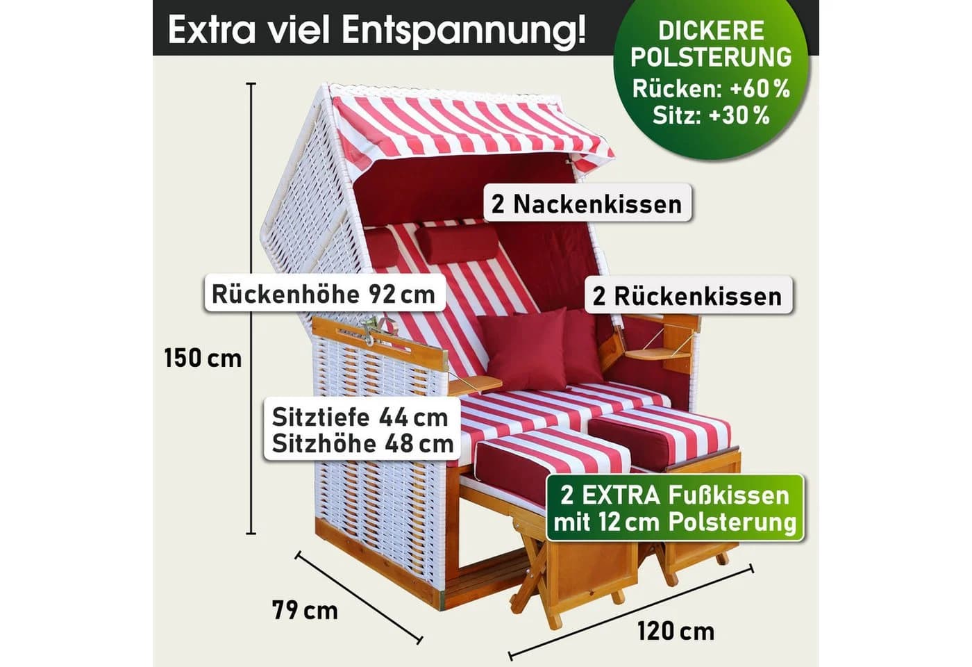 BRAST Strandkorb Norderney Deluxe Weiß/Rot 2-Sitzer