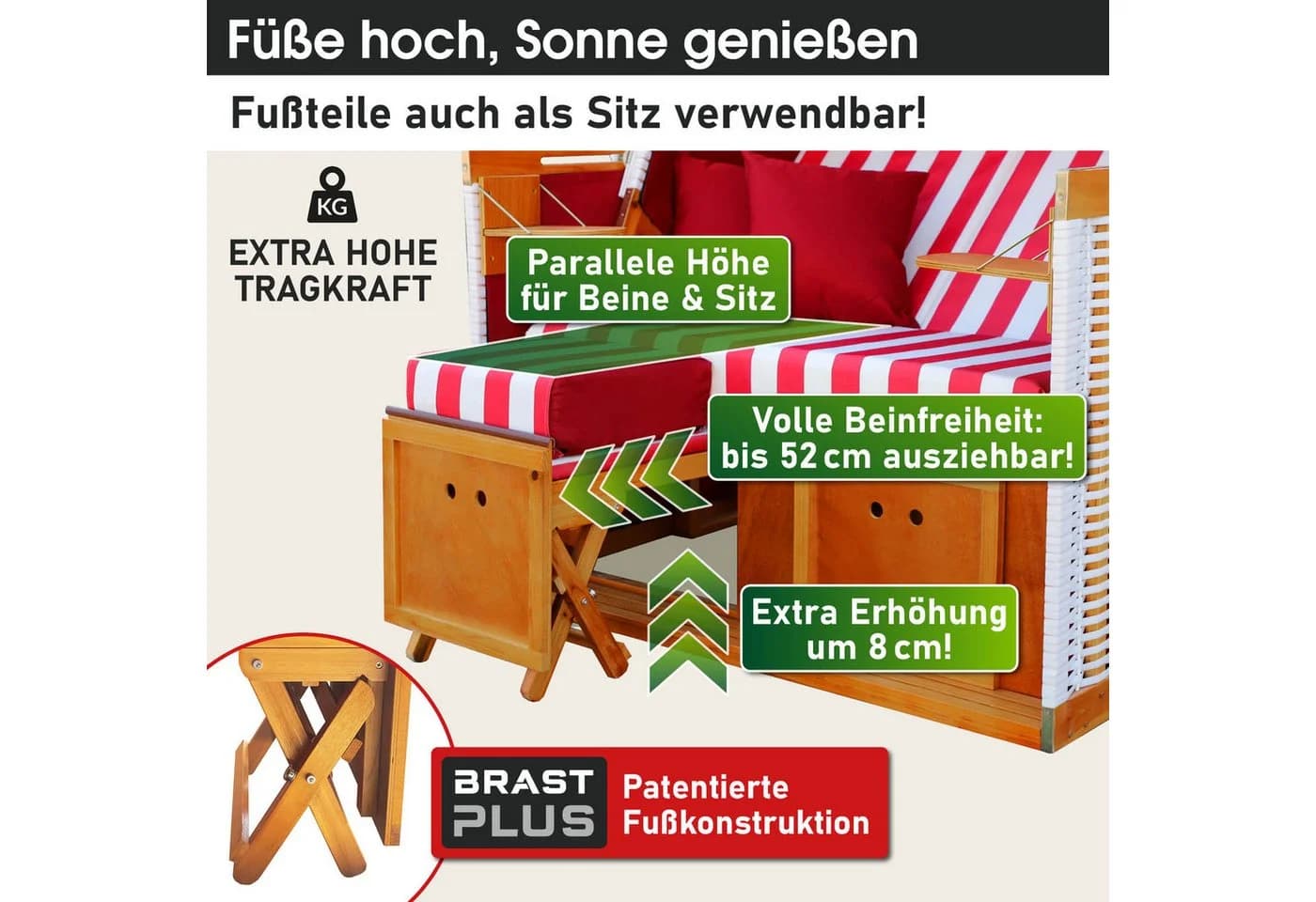 BRAST Strandkorb Norderney Deluxe Weiß/Rot 2-Sitzer - Bild 3