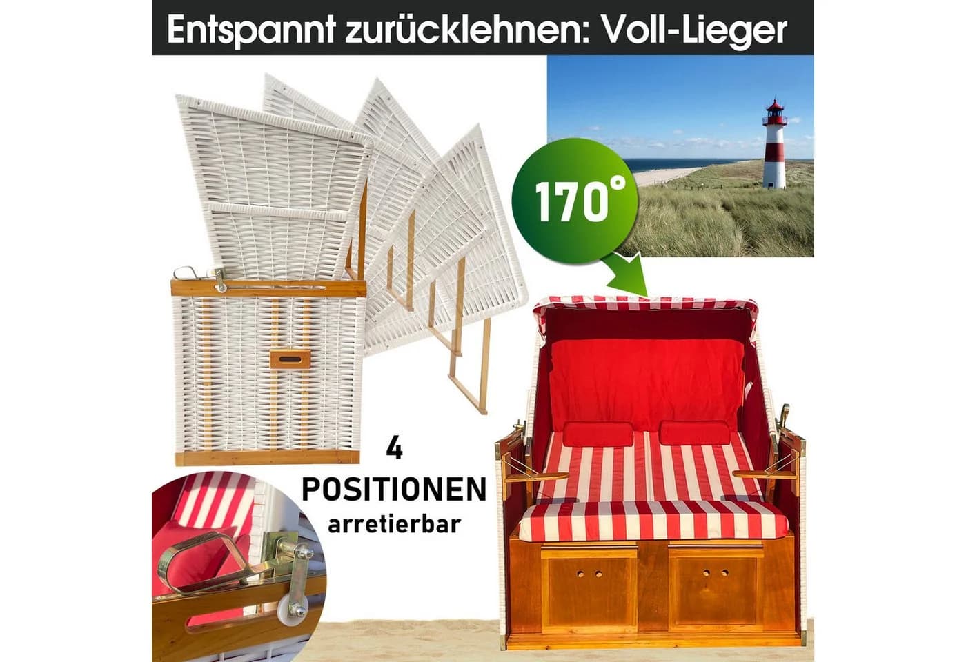 BRAST Strandkorb Norderney Deluxe Weiß/Rot 2-Sitzer - Bild 4