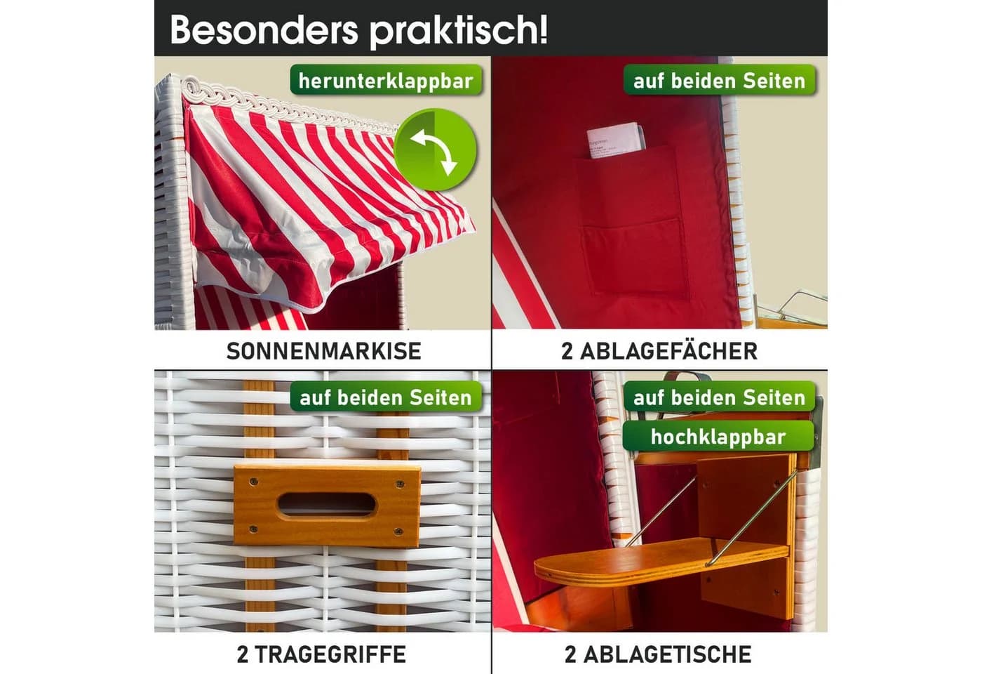 BRAST Strandkorb Norderney Deluxe Weiß/Rot 2-Sitzer - Bild 5
