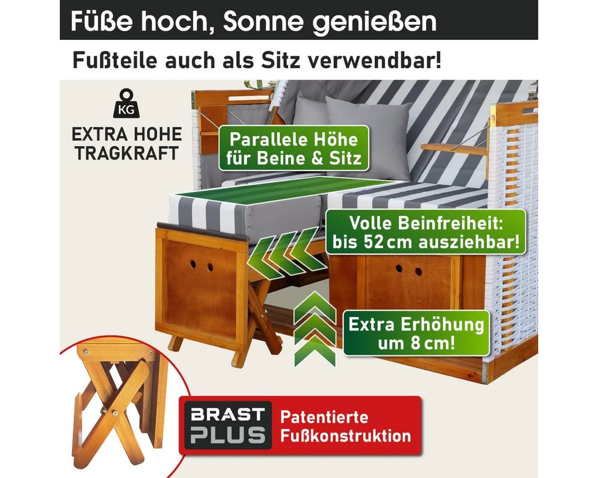 BRAST Strandkorb Norderney Deluxe Grau/Weiß mit verstellbarer Lehne - Bild 3