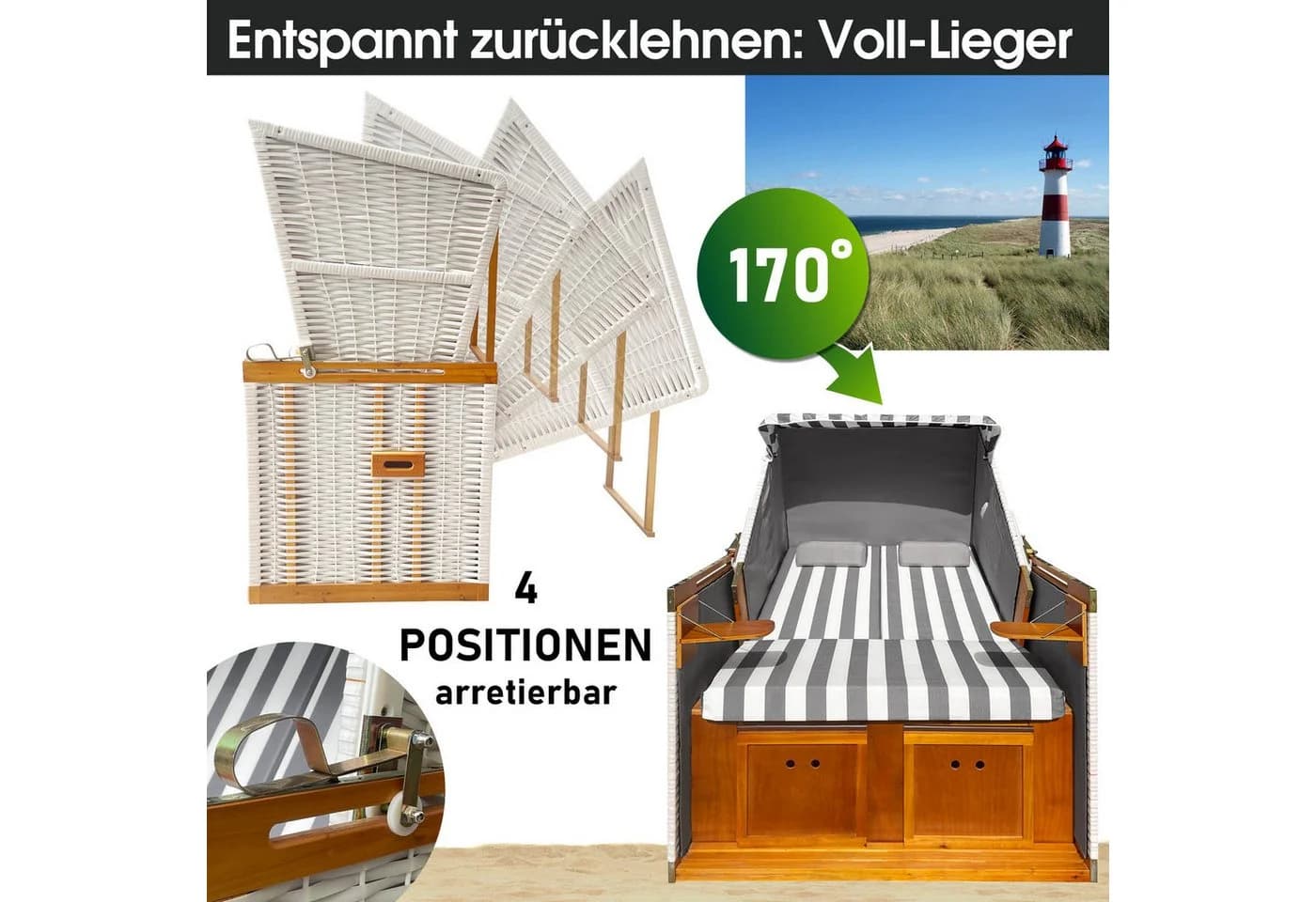 BRAST Strandkorb Norderney Deluxe Grau/Weiß mit verstellbarer Lehne - Bild 4