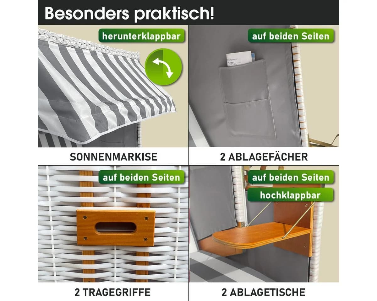 BRAST Strandkorb Norderney Deluxe Grau/Weiß mit verstellbarer Lehne - Bild 5