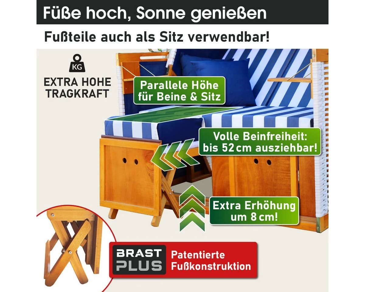 BRAST Strandkorb Norderney Deluxe 2-Sitzer Blau/Weiß Polyrattan - Bild 3