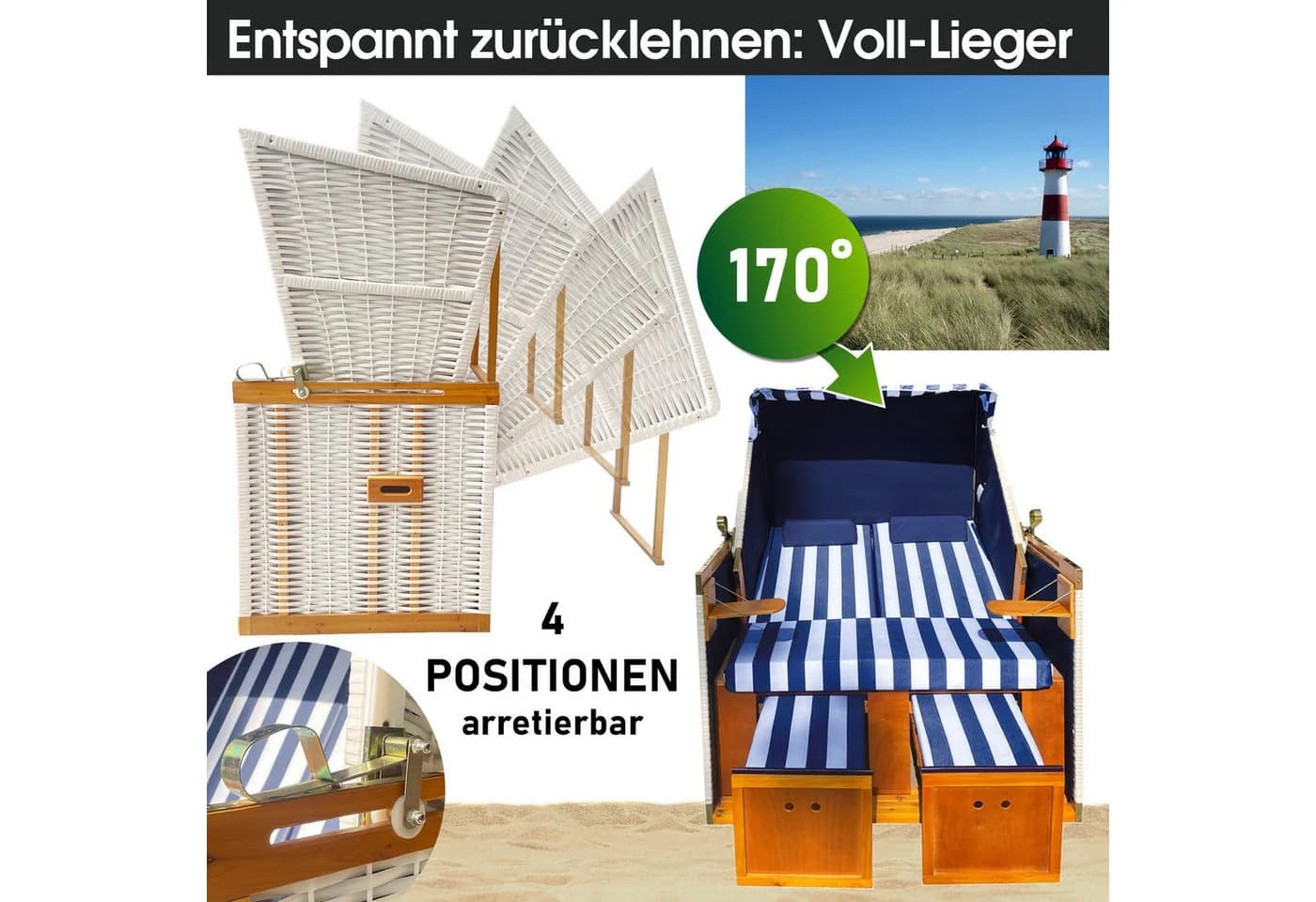 BRAST Strandkorb Norderney Deluxe 2-Sitzer Blau/Weiß Polyrattan - Bild 4