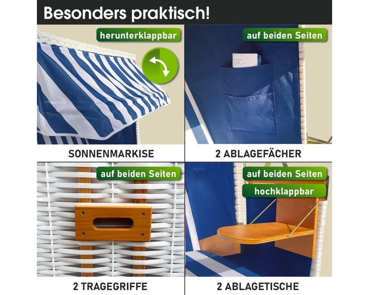 BRAST Strandkorb Norderney Deluxe 2-Sitzer Blau/Weiß Polyrattan - Bild 5