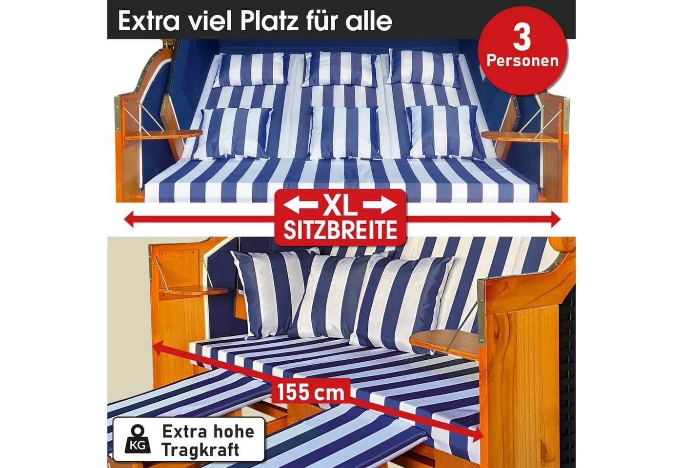 BRAST Strandkorb 3-Sitzer XL Blau/Weiß Polyrattan - Bild 3