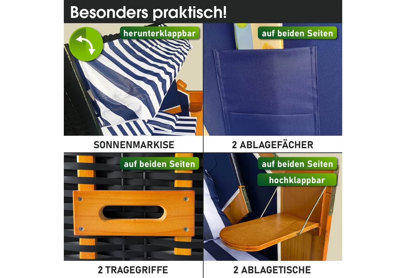 BRAST Strandkorb 3-Sitzer XL Blau/Weiß Polyrattan - Bild 5