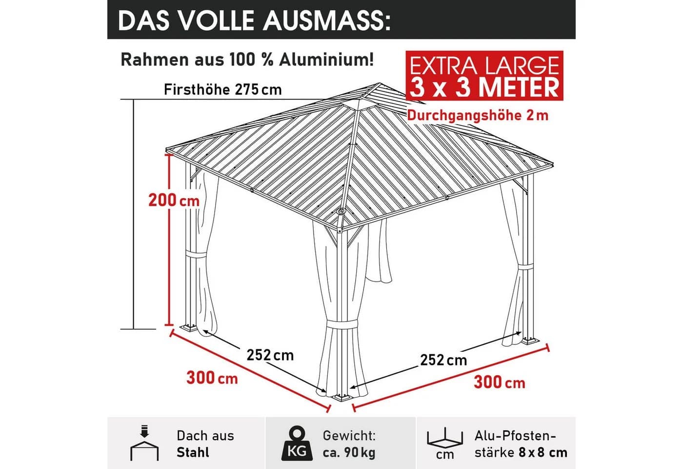 BRAST Pavillon Aluminium Miami Anthrazit mit Hardtop & LED - Bild 3