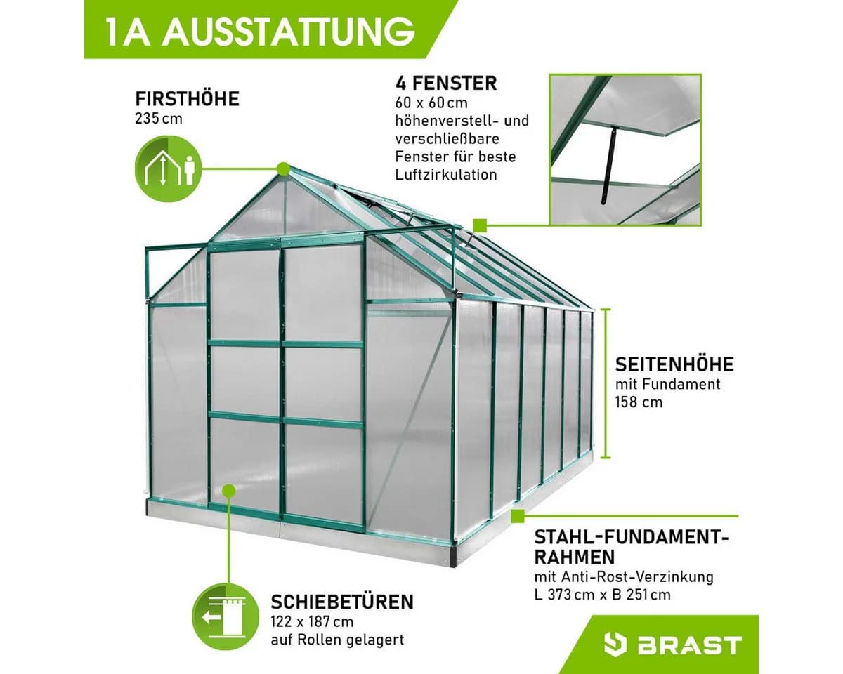 BRAST Gewächshaus ALU mit Fundament 380x250x235cm TÜV geprüft - Bild 5