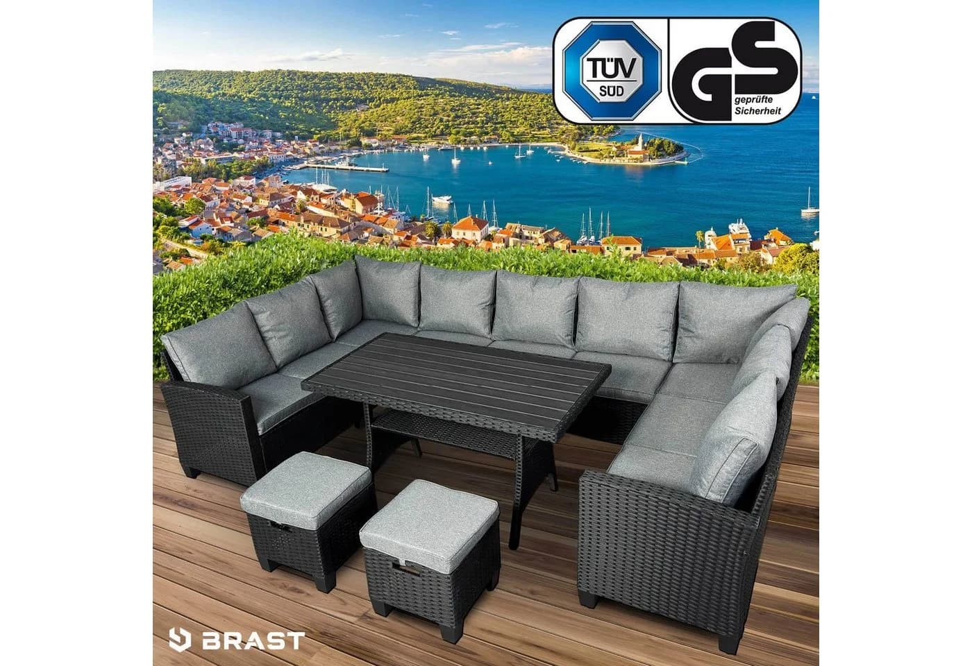 BRAST Gartenlounge-Set Family 11-tlg. Grau/Schwarz Polyrattan